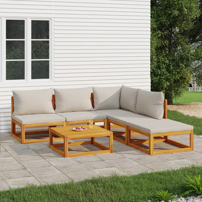 6-Delige Loungeset Met Lichtgrijze Kussens Massief Hout Lichtgrijs hoek + 3x midden + voetensteun + Tafel