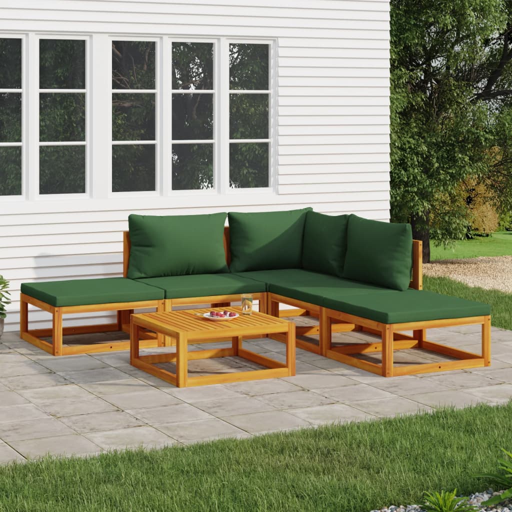 6-Delige Loungeset Met E Kussens Massief Hout Groen hoek + 2x midden + 2x voetensteun + Tafel