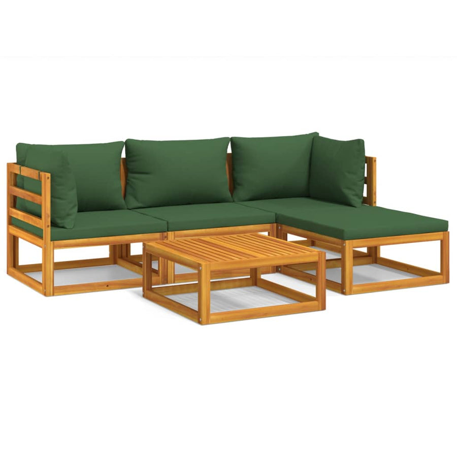 5-Delige Loungeset Met E Kussens Massief Hout Groen 2x hoek + midden + voetensteun + Tafel