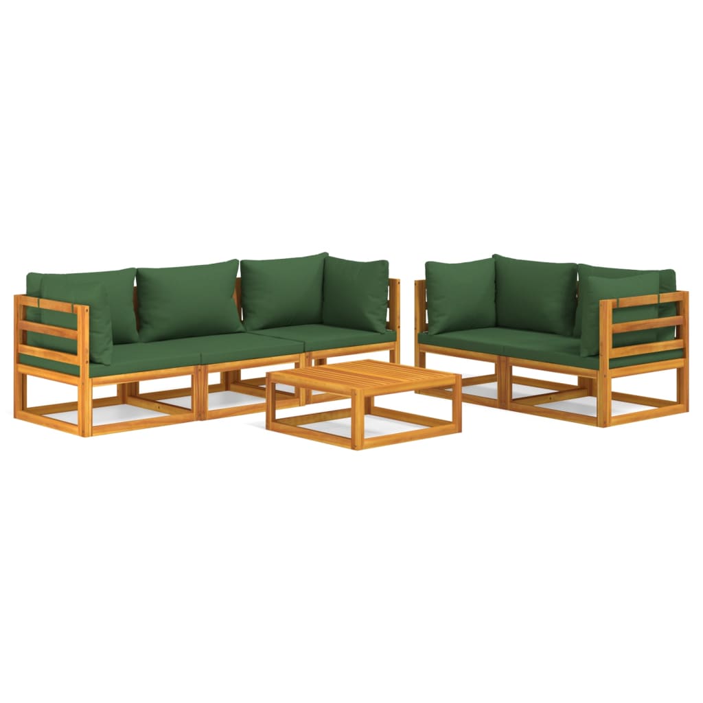 6-Delige Loungeset Met E Kussens Massief Hout Groen 4x hoek + midden + Tafel