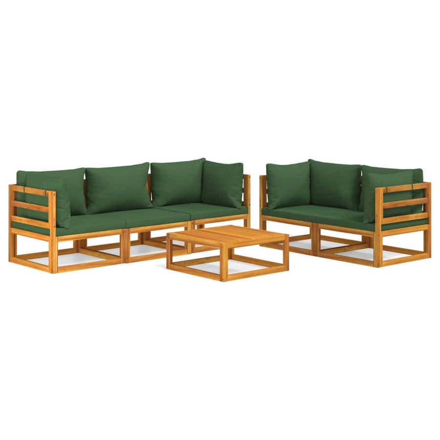 6-Delige Loungeset Met E Kussens Massief Hout Groen 4x hoek + midden + Tafel