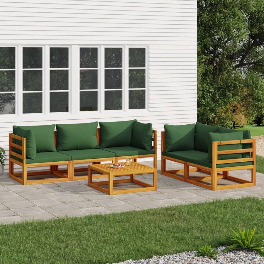 6-Delige Loungeset Met E Kussens Massief Hout Groen 4x hoek + midden + Tafel