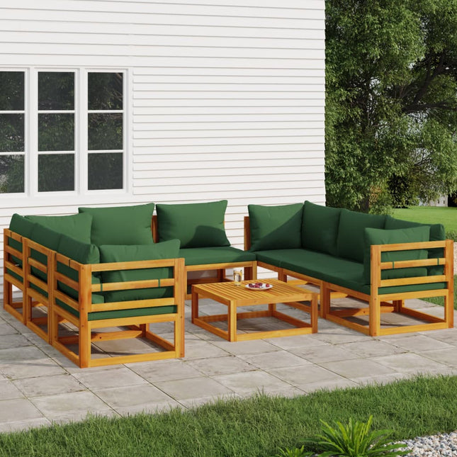 9-Delige Loungeset Met E Kussens Massief Hout Groen 4x hoek + 4x midden + Tafel