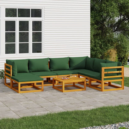 8-Delige Loungeset Met E Kussens Massief Hout Groen 3x hoek + 3x midden + voetensteun + Tafel