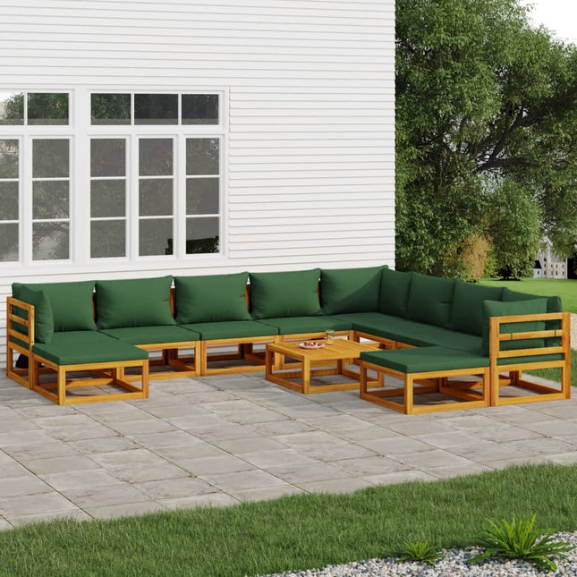 -Delige Loungeset Met E Kussens Massief Hout Groen 3x hoek + 5x midden + 2x voetensteun + Tafel