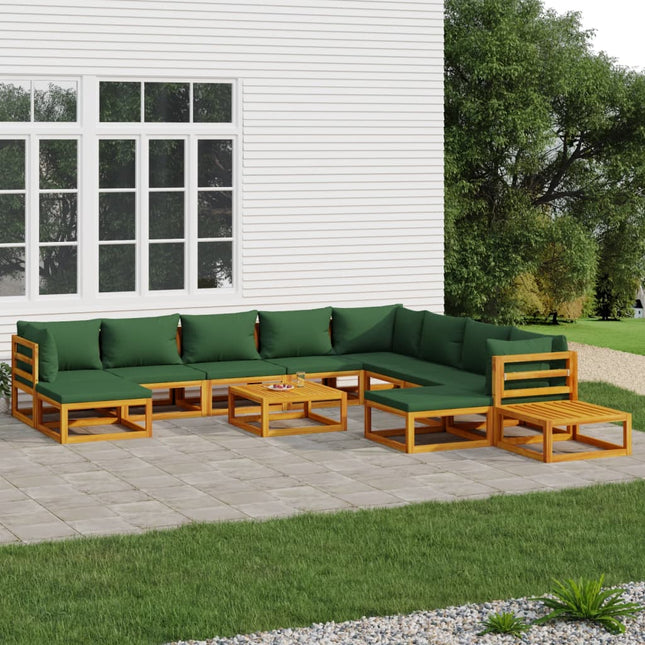 2-Delige Loungeset Met E Kussens Massief Hout Groen 3x hoek + 5x midden + 2x voetensteun + 2x Tafel