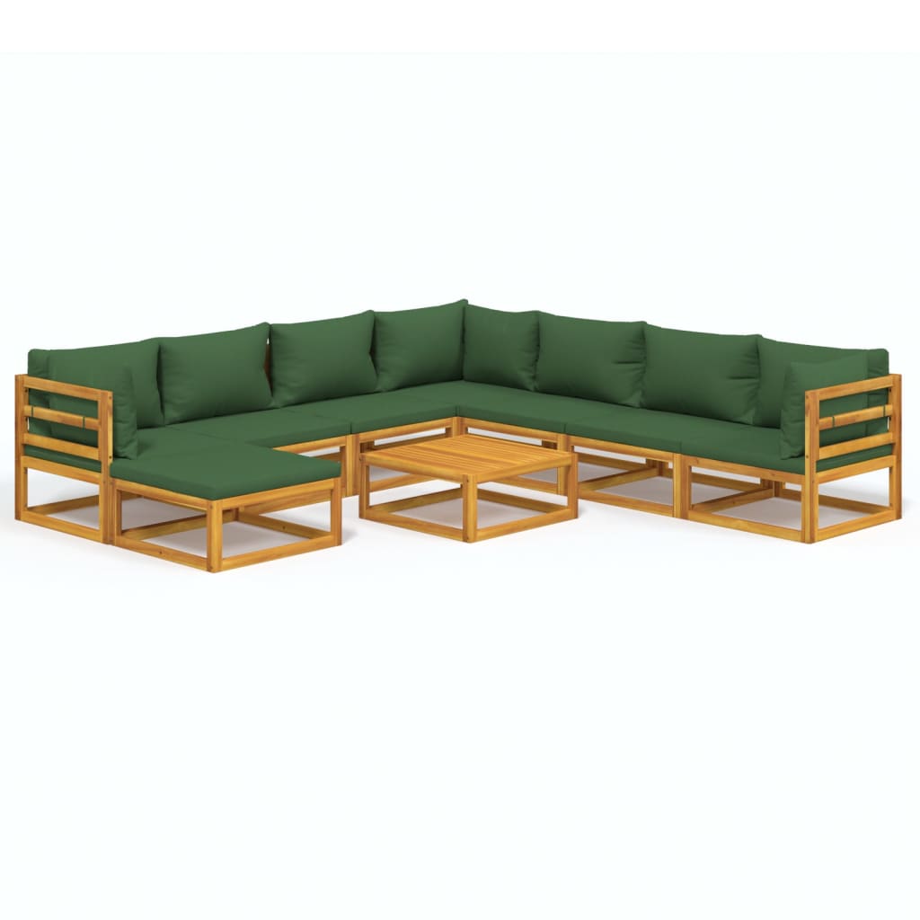 9-Delige Loungeset Met E Kussens Massief Hout Groen 3x hoek + 4x midden + voetensteun + Tafel