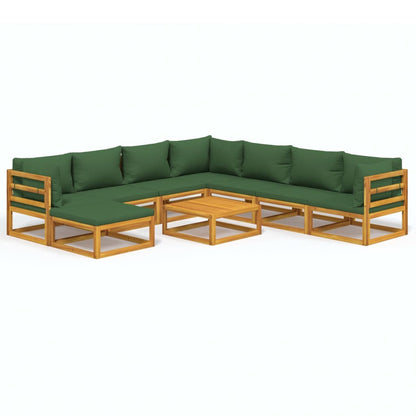 9-Delige Loungeset Met E Kussens Massief Hout Groen 3x hoek + 4x midden + voetensteun + Tafel
