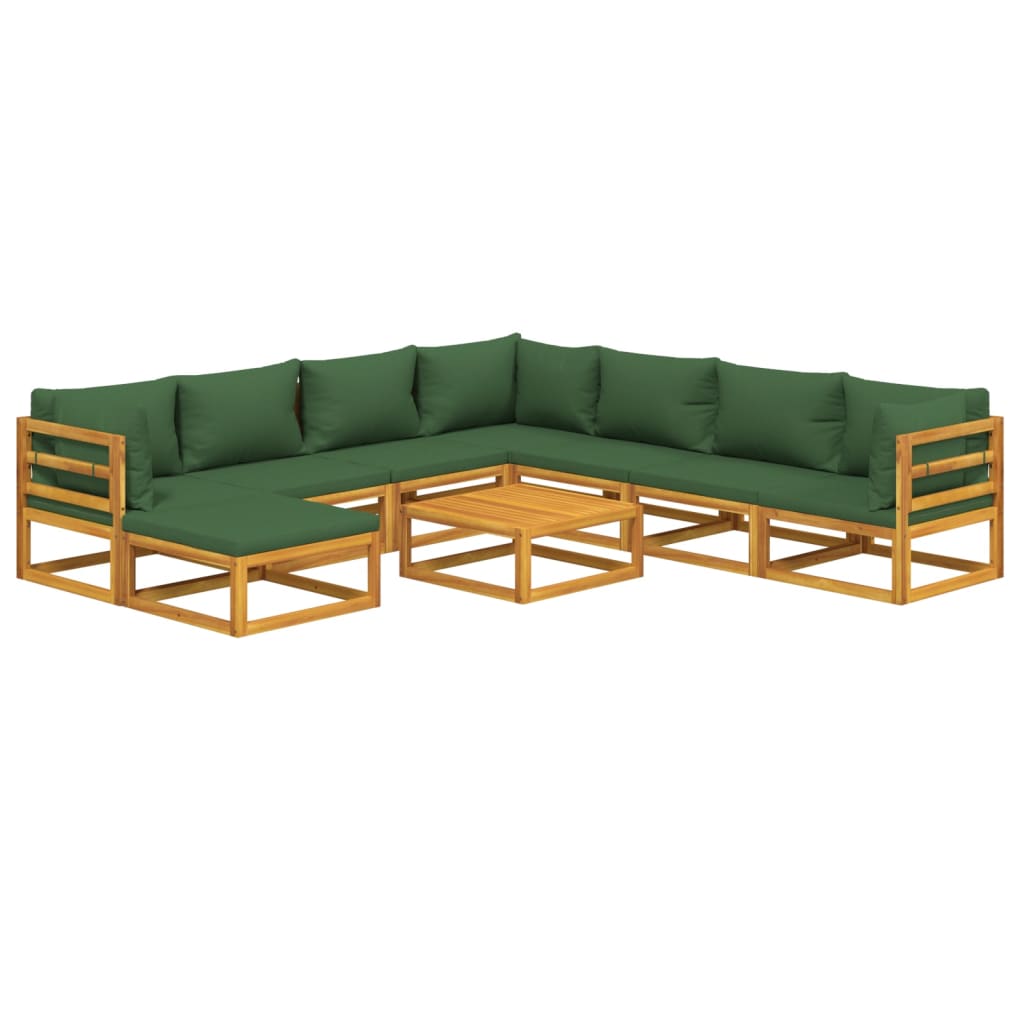 9-Delige Loungeset Met E Kussens Massief Hout Groen 3x hoek + 4x midden + voetensteun + Tafel