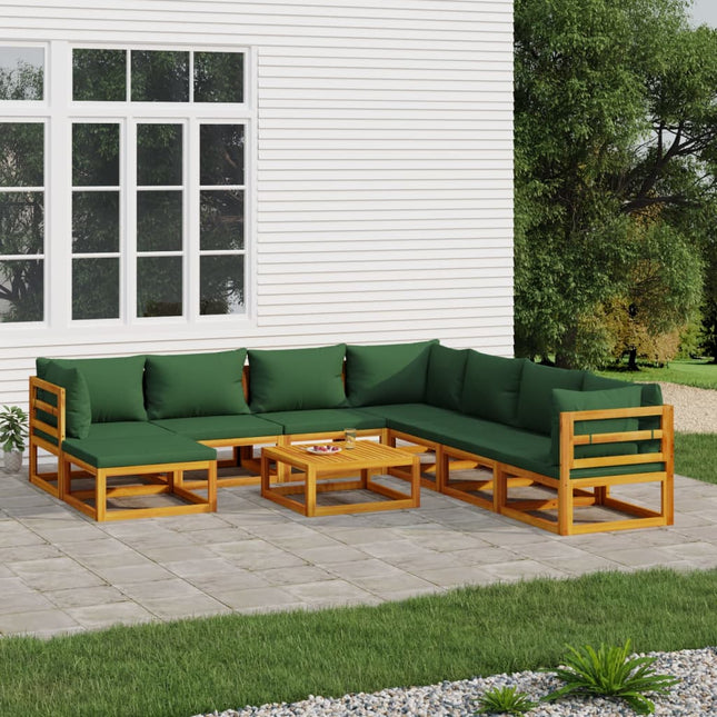 9-Delige Loungeset Met E Kussens Massief Hout Groen 3x hoek + 4x midden + voetensteun + Tafel