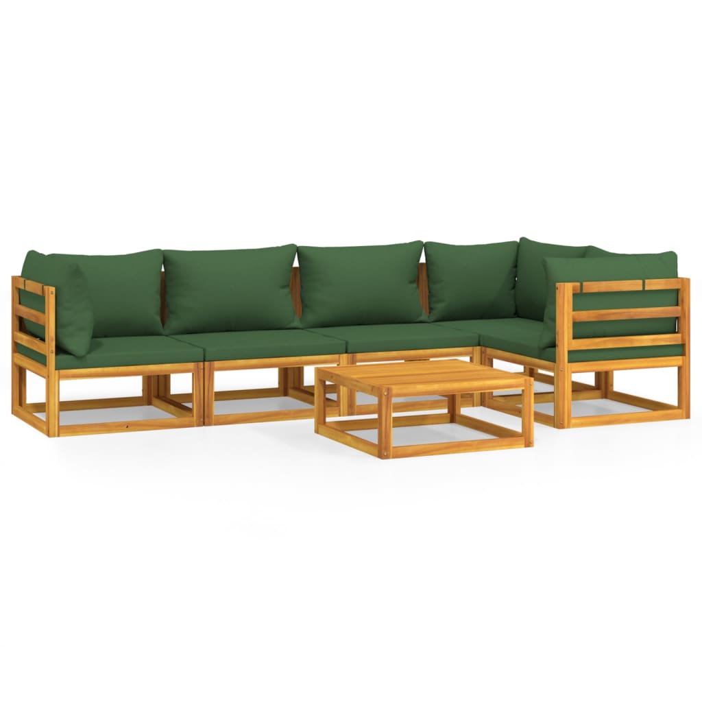 6-Delige Loungeset Met E Kussens Massief Hout Groen 3x corner + table + 2x middle
