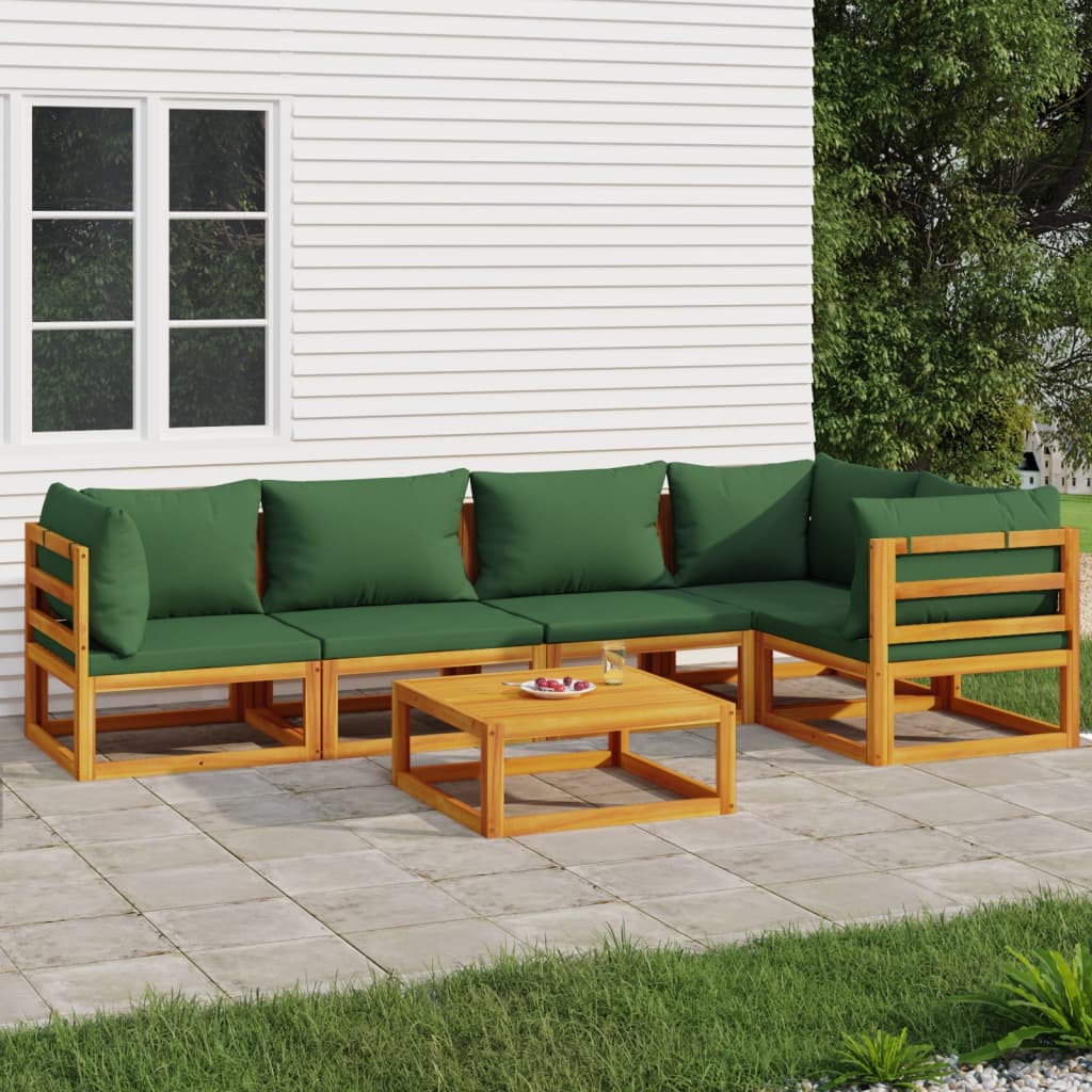 6-Delige Loungeset Met E Kussens Massief Hout Groen 3x corner + table + 2x middle