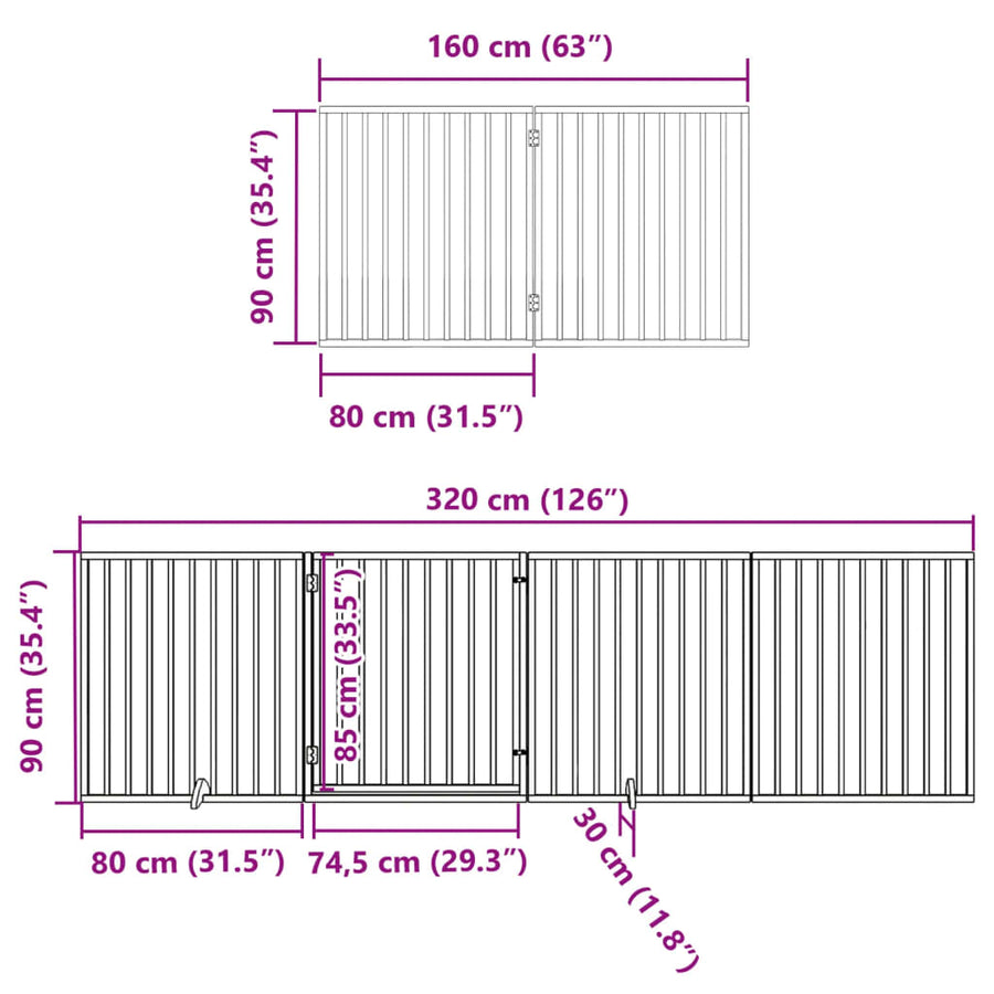 Hondenhek inklapbaar met deur 12 panelen 960cm populierhout wit