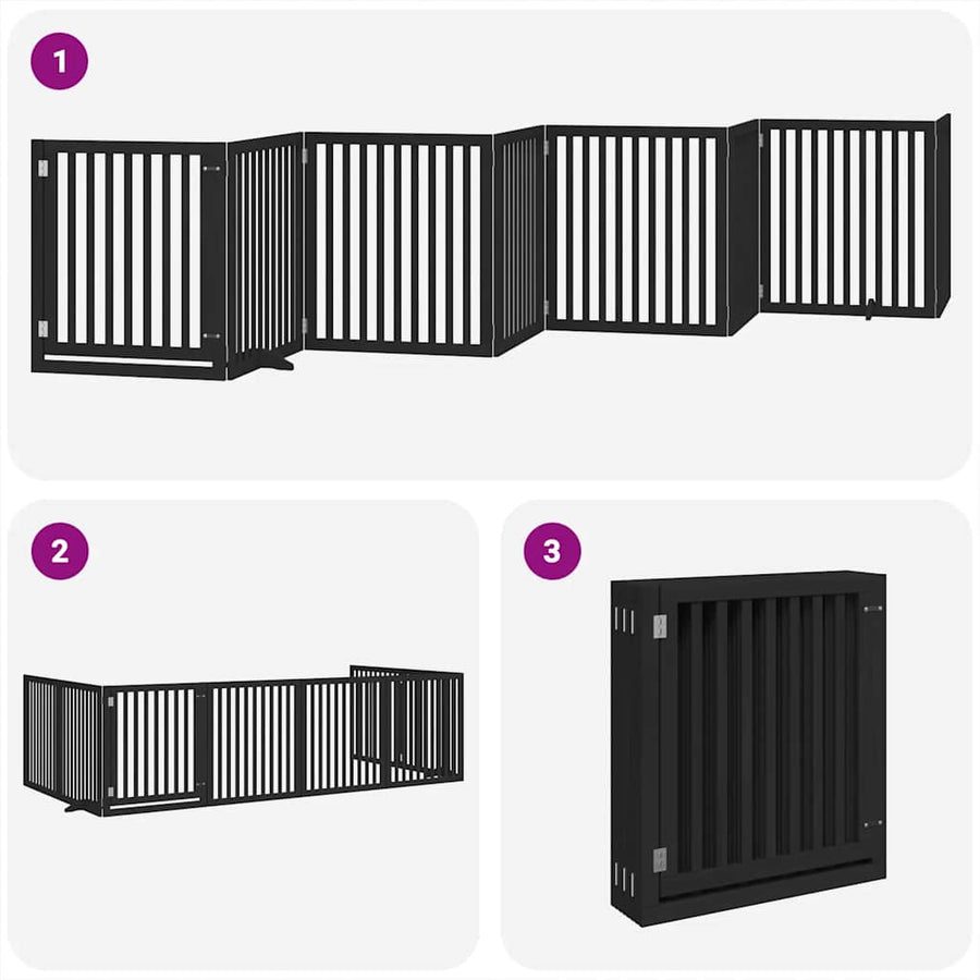 Hondenhek Inklapbaar 8 Panelen 640 Cm Populierenhout 80 x 90 x 2 cm Zwart
