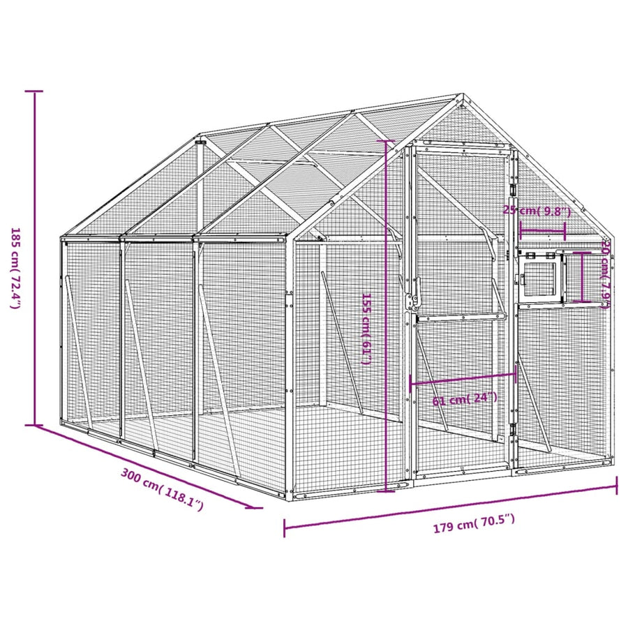 Volière 1,79x3x1,85 m aluminium zilverkleurig 1.79 x 3 x 1.85 m Zilver