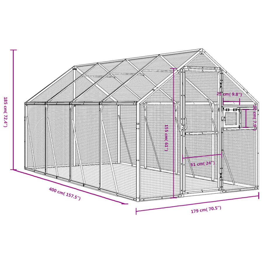 Volière 1,79x4x1,85 m aluminium zilverkleurig 1.79 x 4 x 1.85 m Zilver