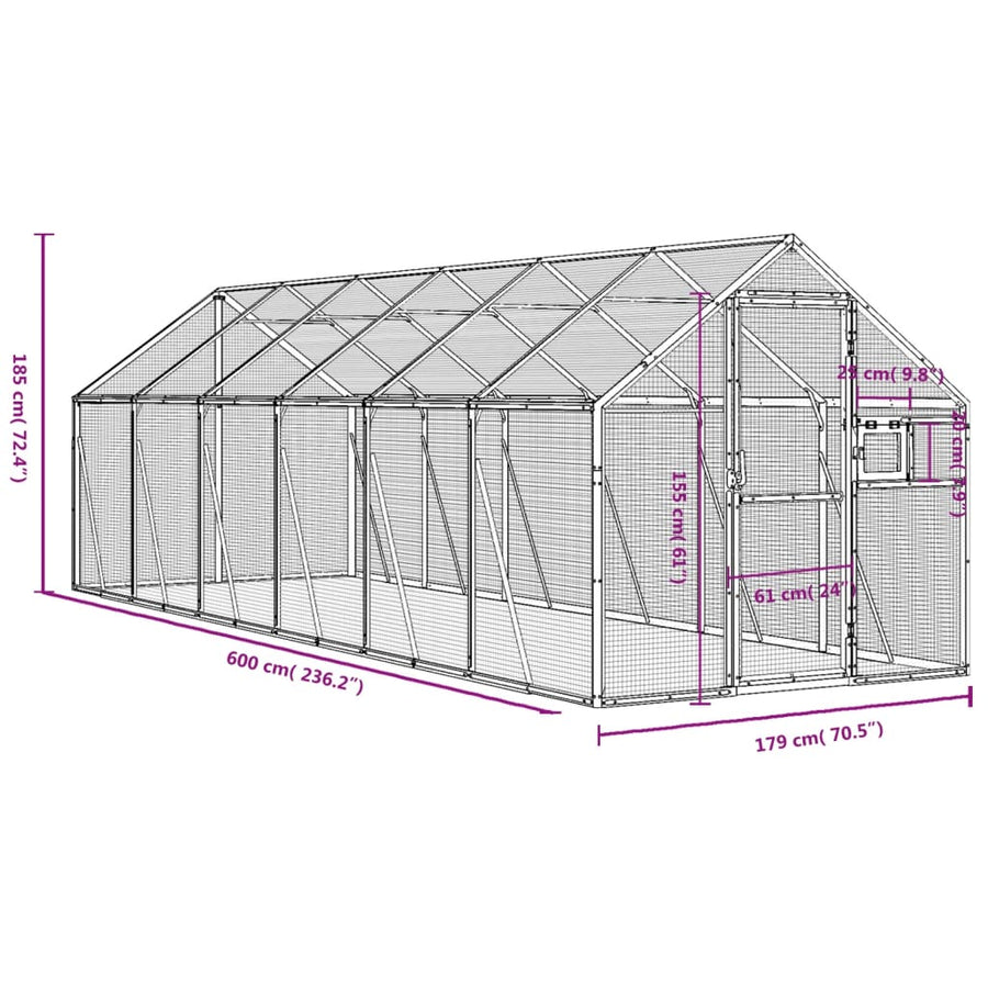 Volière 1,79x6x1,85 m aluminium zilverkleurig 1.79 x 6 x 1.85 m Zilver