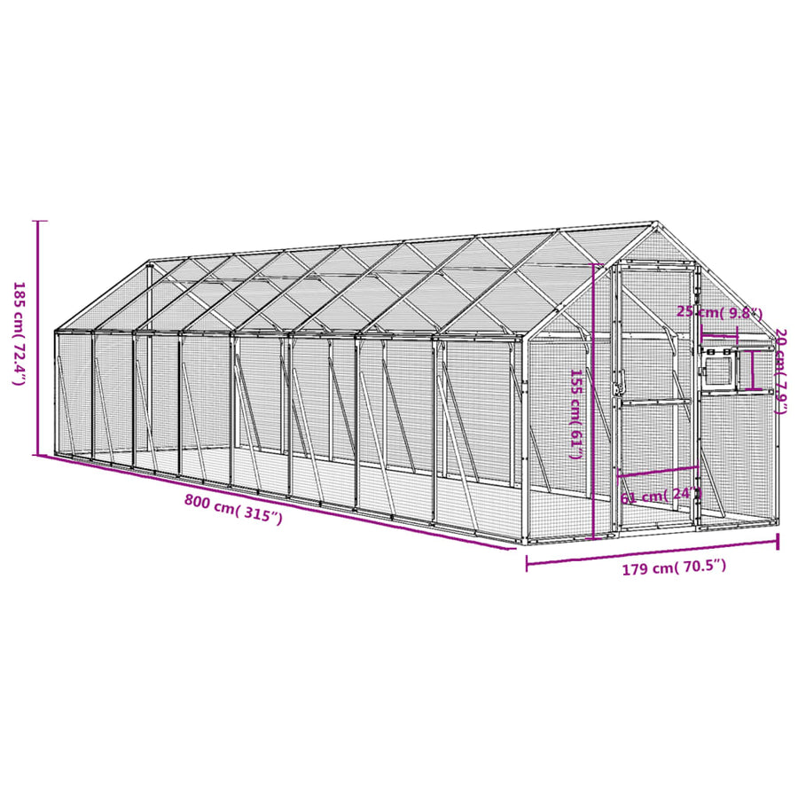 Volière 1,79x8x1,85 m aluminium zilverkleurig 1.79 x 8 x 1.85 m Zilver