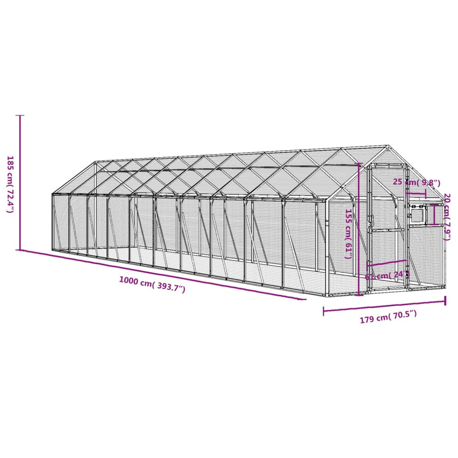 Volière 1,79X10X1,85 M Aluminium Kleurig 1.79 x 10 x 1.85 m Zilver
