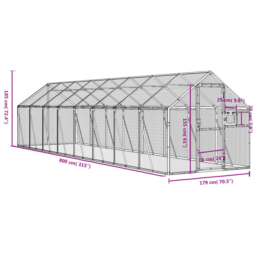Volière 1,79x8x1,85 m aluminium antracietkleurig 1.79 x 8 x 1.85 m Antraciet