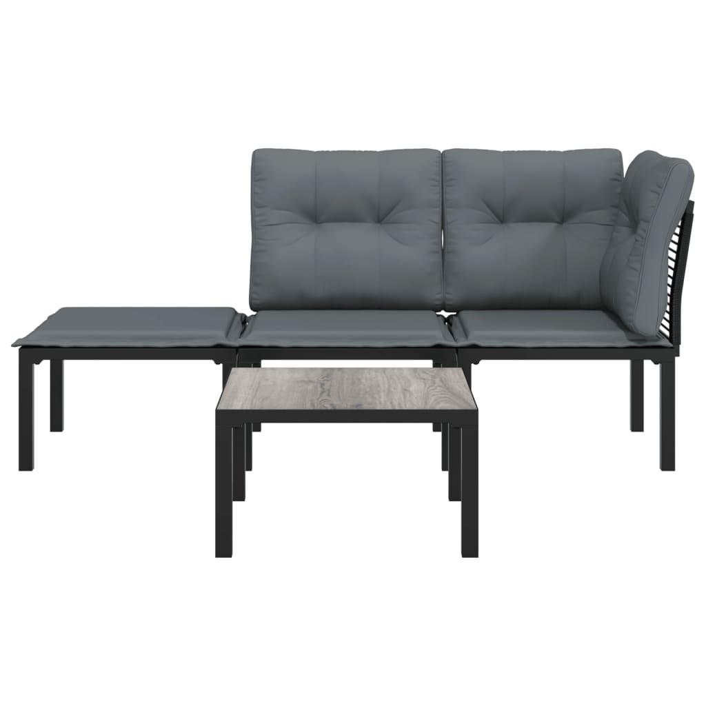 4-Delige Loungeset Poly Rattan Zwart En Grijs hoek + midden + voetensteun + Tafel