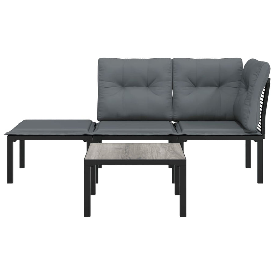 4-Delige Loungeset Poly Rattan Zwart En Grijs hoek + midden + voetensteun + Tafel