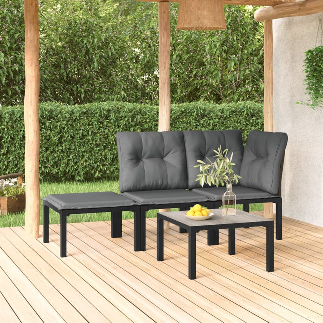 4-Delige Loungeset Poly Rattan Zwart En Grijs hoek + midden + voetensteun + Tafel