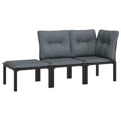 3-Delige Loungeset Met Kussens Poly Rattan Zwart En Grijs hoek + midden + voetensteun