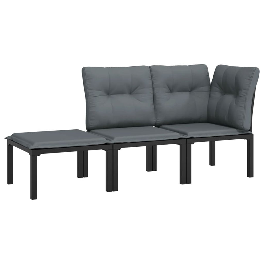 3-Delige Loungeset Met Kussens Poly Rattan Zwart En Grijs hoek + midden + voetensteun