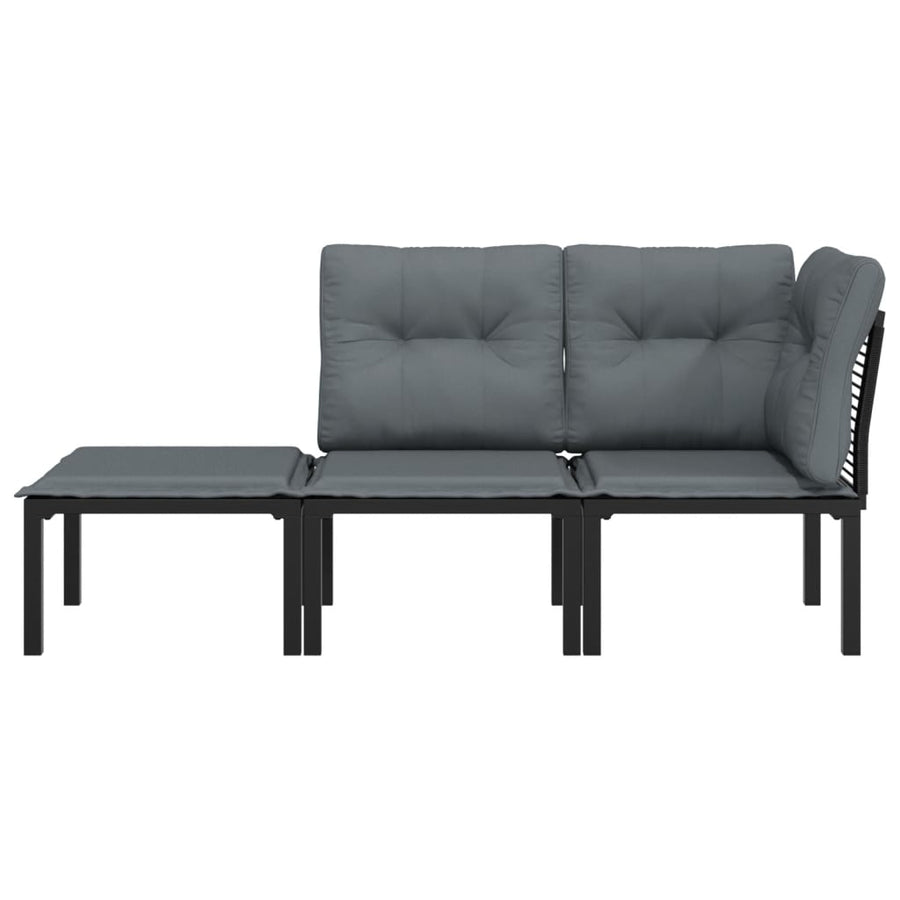 3-Delige Loungeset Met Kussens Poly Rattan Zwart En Grijs hoek + midden + voetensteun