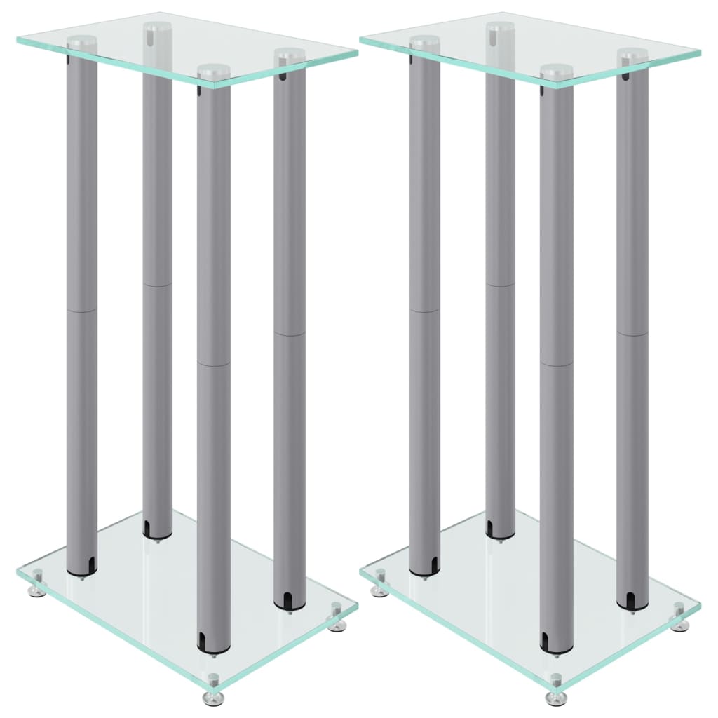 Luidsprekerstandaards 2 st 4 pijlers gehard glas zilverkleurig Zilver