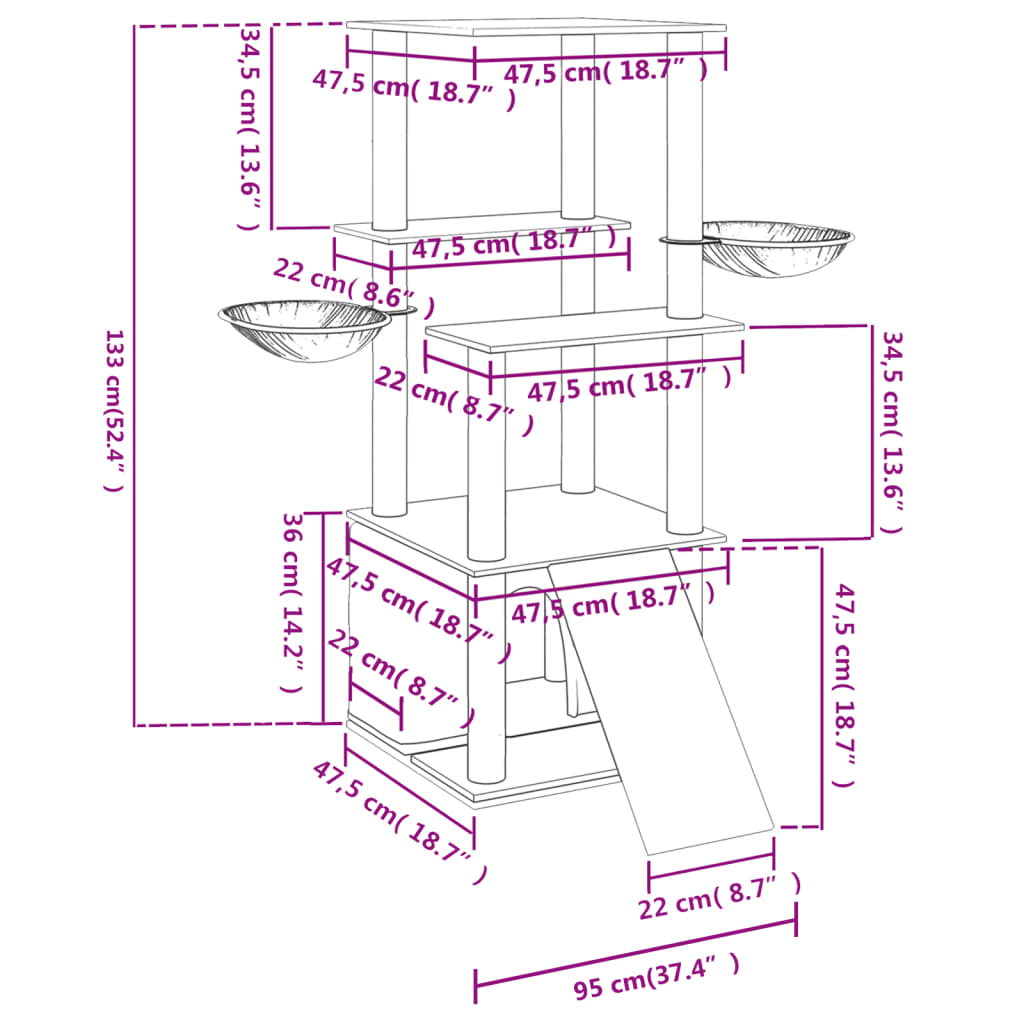 Kattenmeubel met sisal krabpalen 133 cm crèmekleurig crème