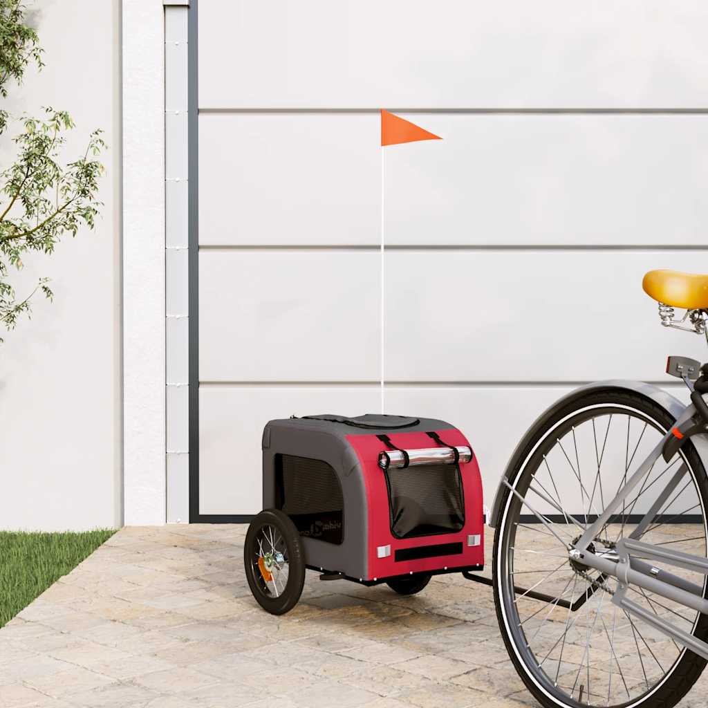 Hondenfietstrailer oxford stof en ijzer rood en grijs