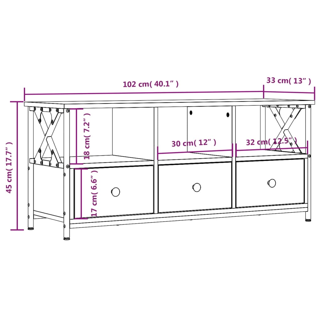 Tv-Meubel Bewerkt Hout En Ijzer Bruin Eikenkleur 102 x 33 x 45 cm Bruineiken
