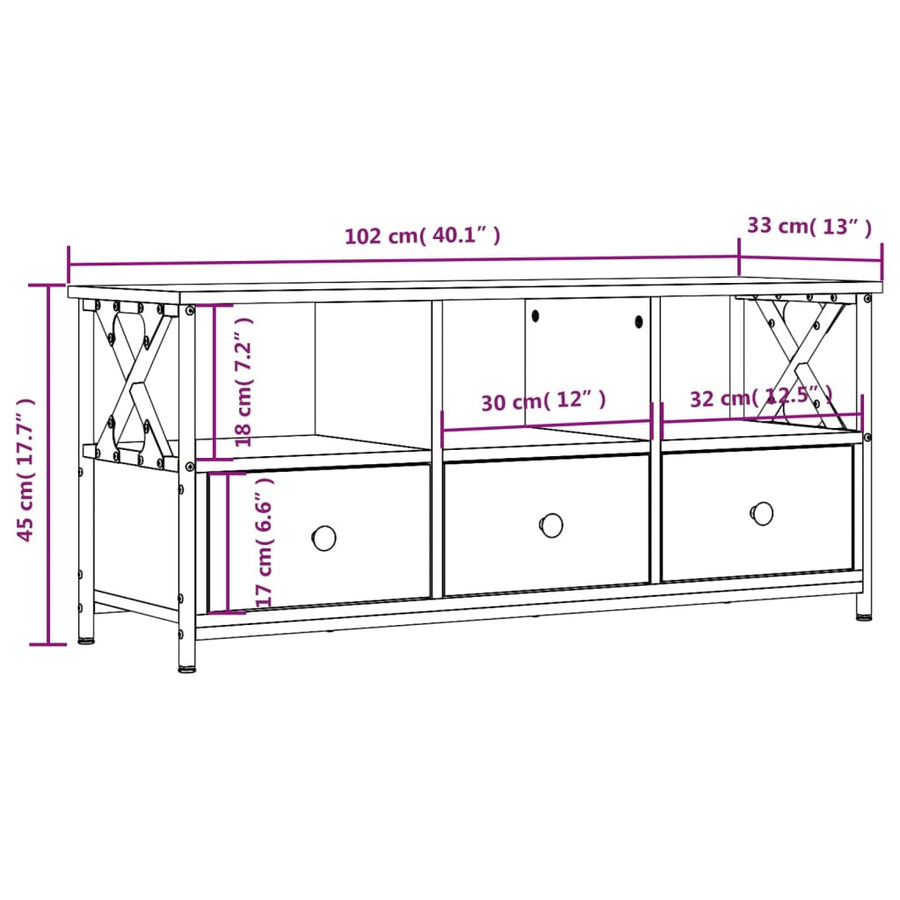 Tv-Meubel Bewerkt Hout En Ijzer Bruin Eikenkleur 102 x 33 x 45 cm Bruineiken