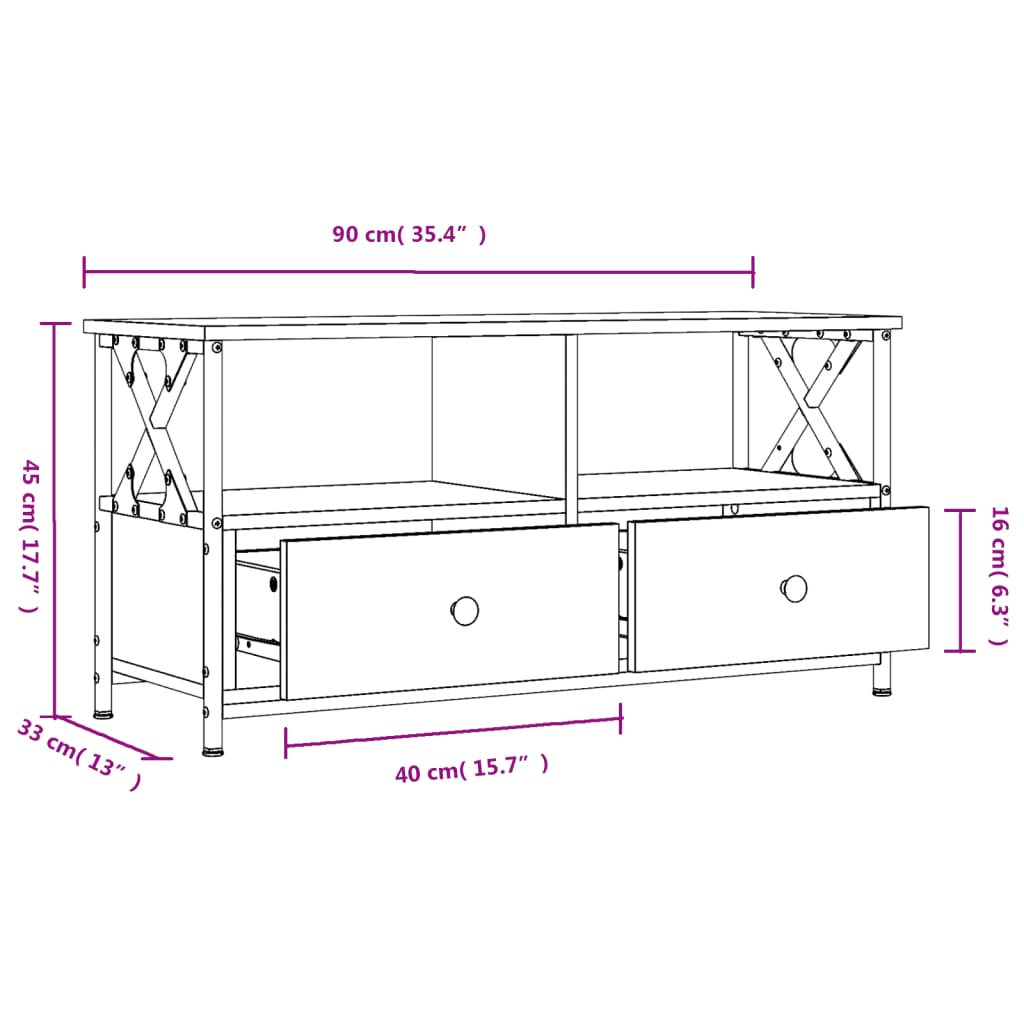 Tv-Meubel 90X33X45 Cm Bewerkt Hout En Ijzer Sonoma Eikenkleur 1 90 x 33 x 45 cm