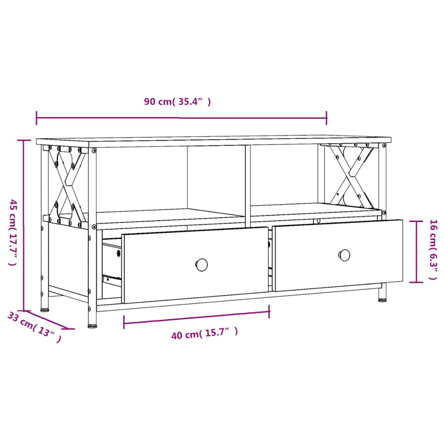 Tv-Meubel 90X33X45 Cm Bewerkt Hout En Ijzer Sonoma Eikenkleur 1 90 x 33 x 45 cm