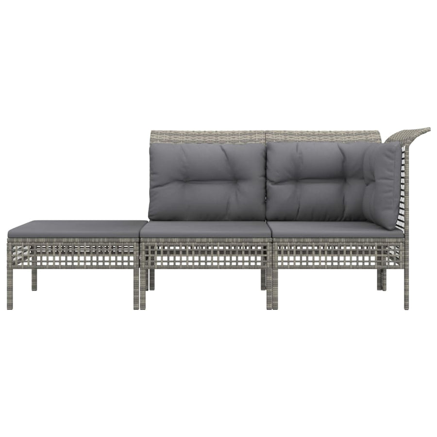 3-Delige Loungeset Met Kussens Poly Rattan Grijs hoek + midden + voetensteun