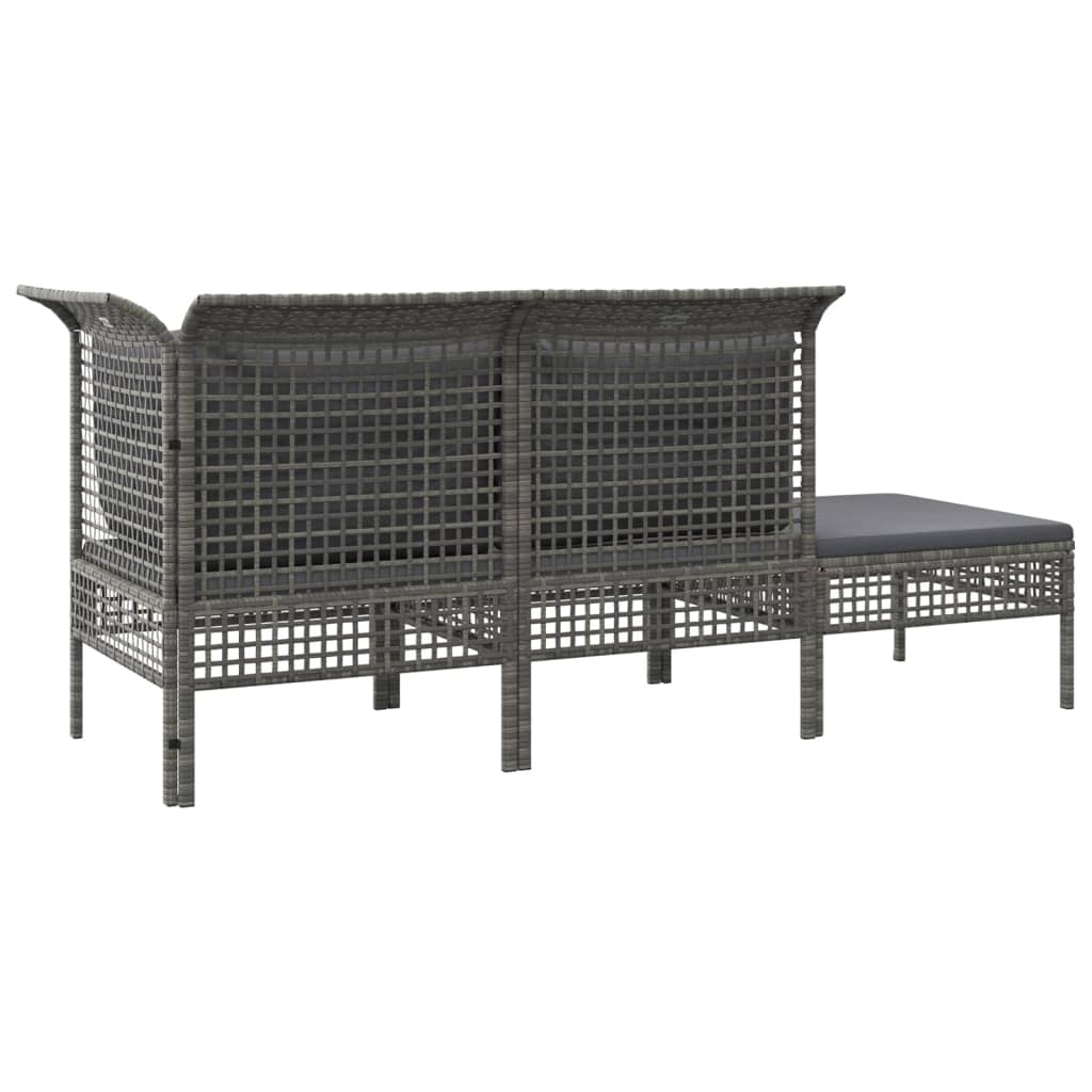 3-Delige Loungeset Met Kussens Poly Rattan Grijs hoek + midden + voetensteun