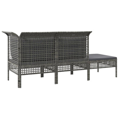 3-Delige Loungeset Met Kussens Poly Rattan Grijs hoek + midden + voetensteun