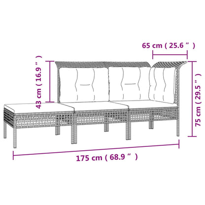 3-Delige Loungeset Met Kussens Poly Rattan Grijs hoek + midden + voetensteun