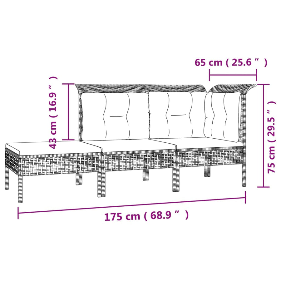 3-Delige Loungeset Met Kussens Poly Rattan Grijs hoek + midden + voetensteun