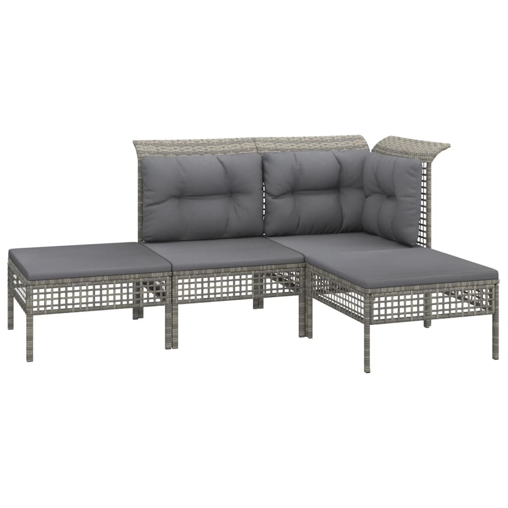4-Delige Loungeset Met Kussens Poly Rattan Grijs hoek + midden + 2x voetensteun