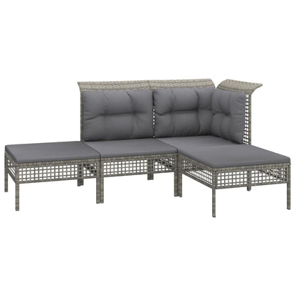 4-Delige Loungeset Met Kussens Poly Rattan Grijs hoek + midden + 2x voetensteun