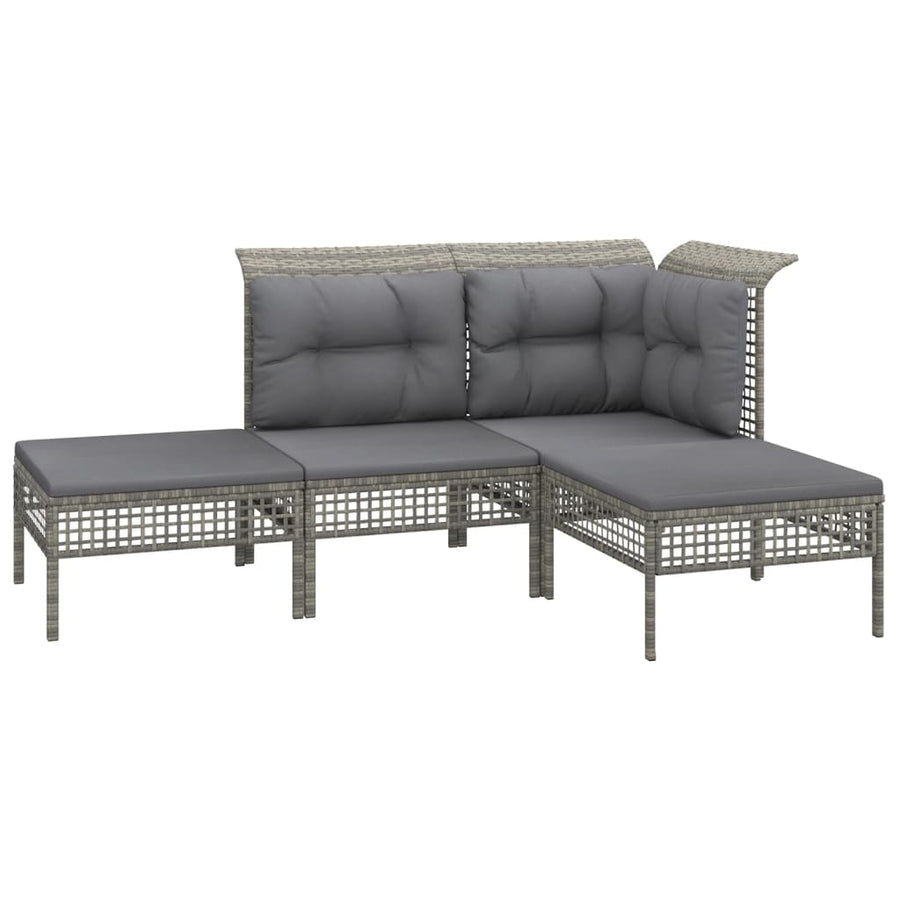 4-Delige Loungeset Met Kussens Poly Rattan Grijs hoek + midden + 2x voetensteun