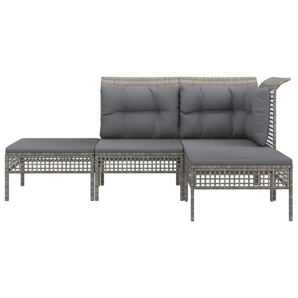 4-Delige Loungeset Met Kussens Poly Rattan Grijs hoek + midden + 2x voetensteun