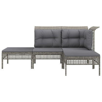 4-Delige Loungeset Met Kussens Poly Rattan Grijs hoek + midden + 2x voetensteun