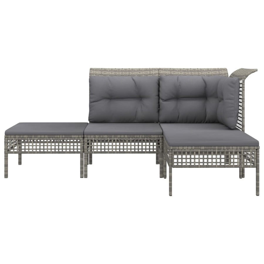4-Delige Loungeset Met Kussens Poly Rattan Grijs hoek + midden + 2x voetensteun