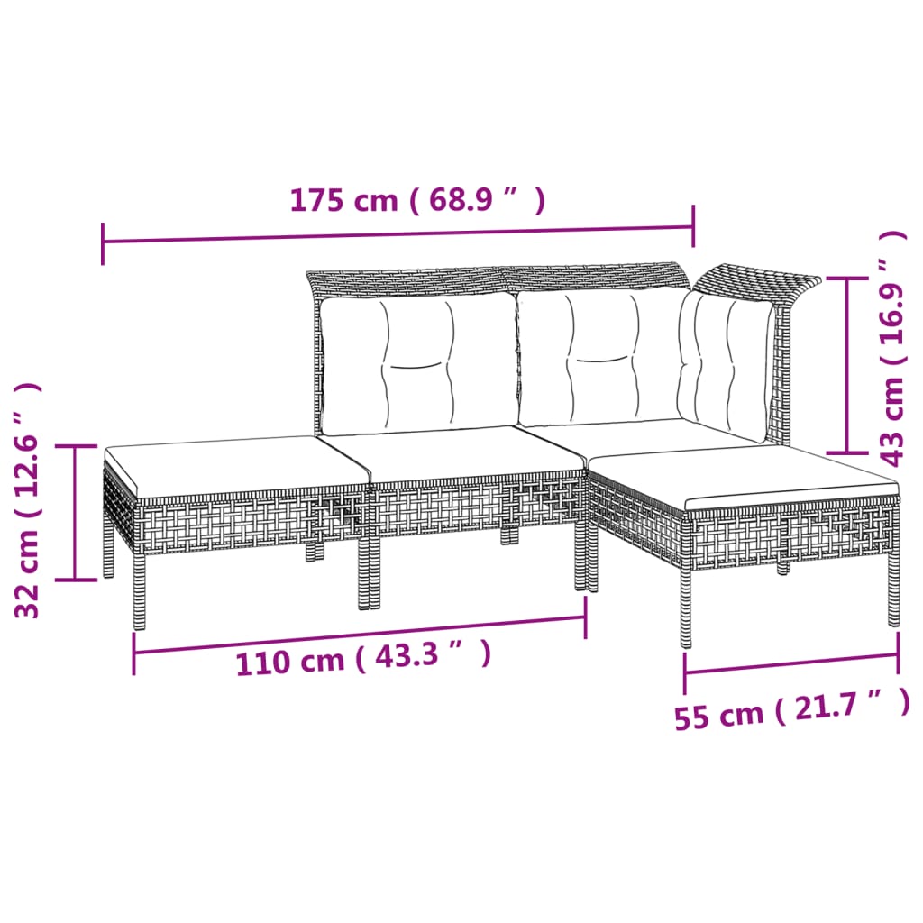 4-Delige Loungeset Met Kussens Poly Rattan Grijs hoek + midden + 2x voetensteun
