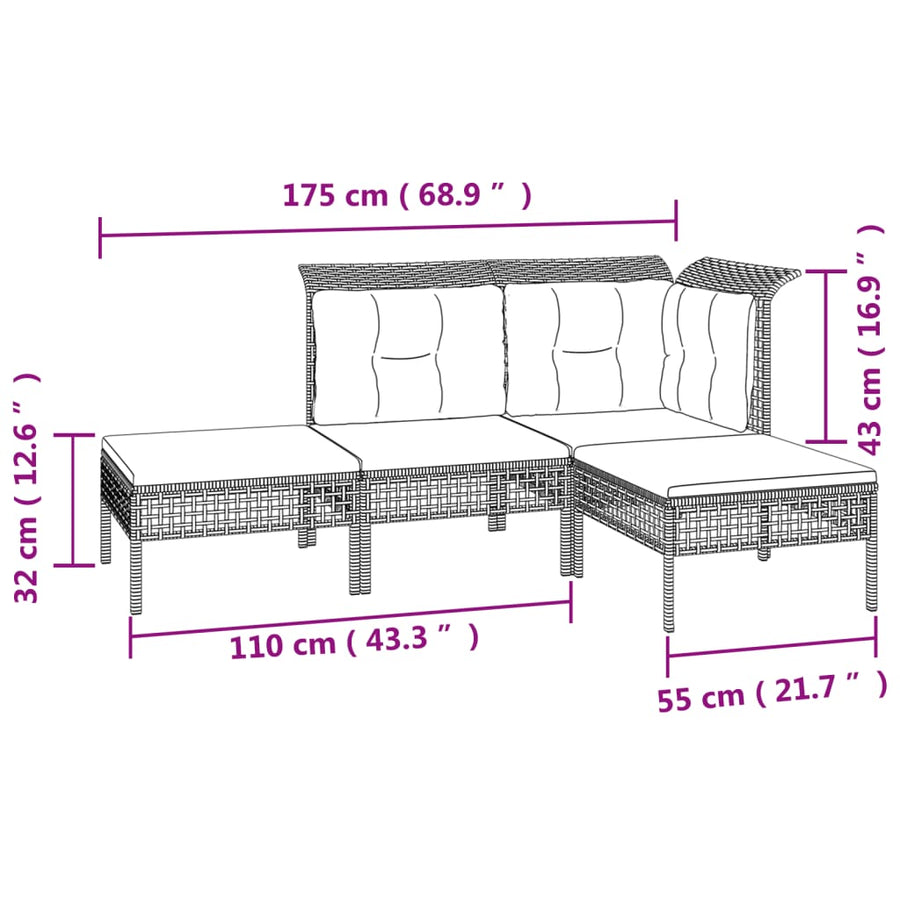 4-Delige Loungeset Met Kussens Poly Rattan Grijs hoek + midden + 2x voetensteun